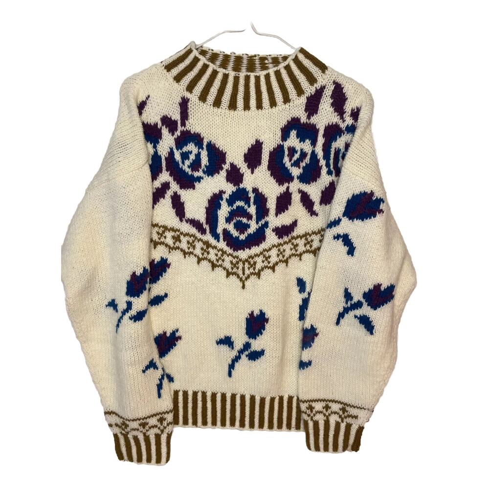 Vintage Large Country Suburbans Hand Knit Sweater Floral Purple Cream Tan